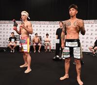 　ファイティングポーズを決める太陽（左）と外枦保尋斗（撮影・園田高夫）