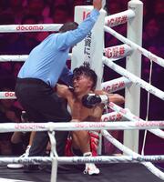 　４回、クリスチャン・メディナの猛攻で敗れた武居由樹（撮影・西岡正）