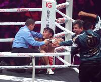 　４回、クリスチャン・メディナの猛攻で敗れた武居由樹＝１４日