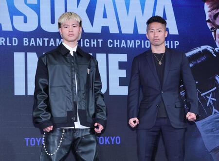 　対戦を発表した那須川天心（左）と井上拓真（撮影・金田祐二）