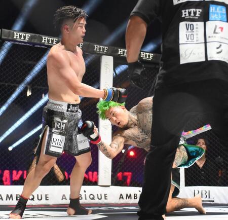 　ドラゴンからのパンチを受けてダウンするシェンロン（撮影・堀内翔）