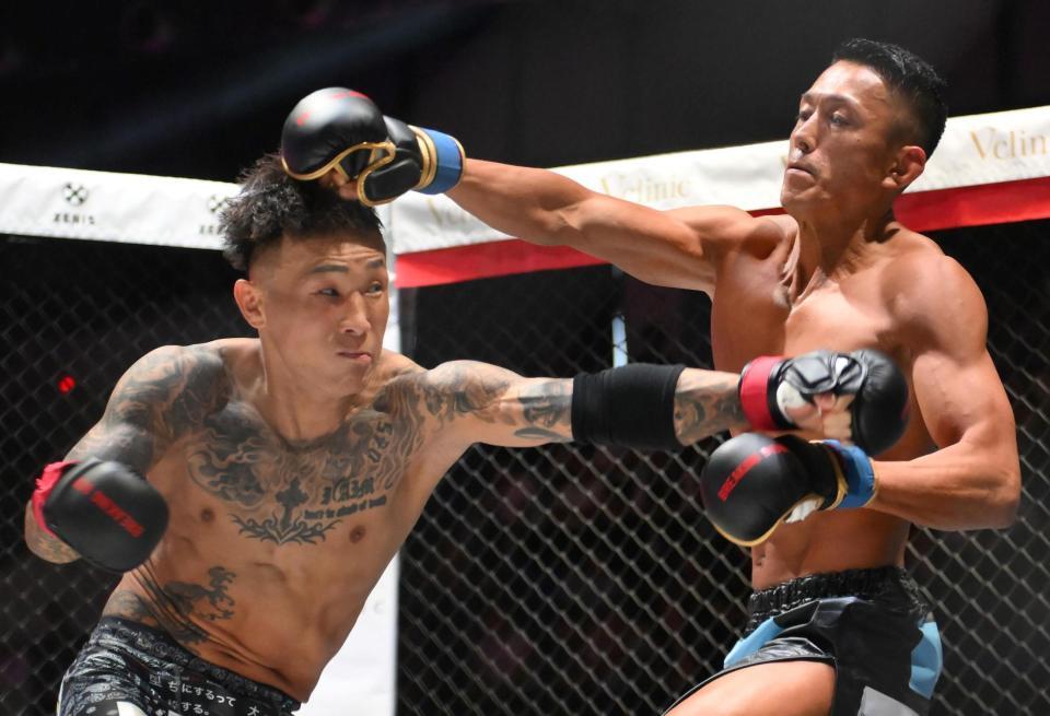 　互いにパンチを出す関谷勇次郎（左）と黒石高大（撮影・堀内翔）