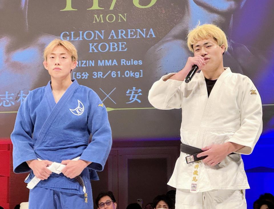 　安井飛馬（左）の練習パートナーとして登場した１０人ニキ