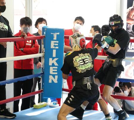 　那須川天心のスパーリングを視察する大橋ジム陣営（撮影・金田祐二）