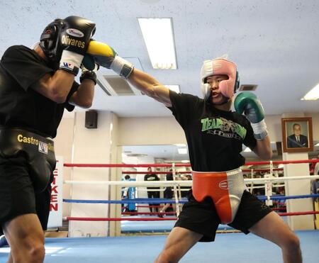 　スパーリングで汗を流す那須川天心（撮影・金田祐二）