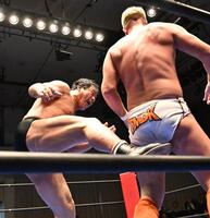 　ザック・セイバーＪｒ（右）にキックを見舞う藤波辰爾