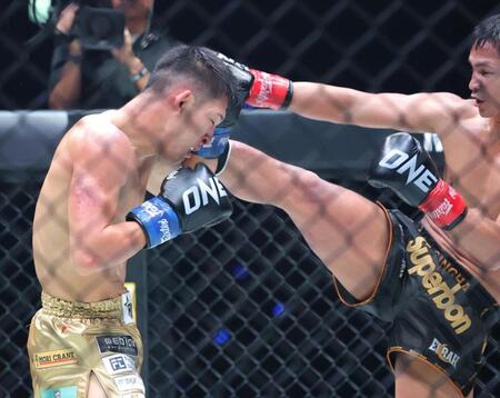 　スーパーボン（右）に攻められる野杁正明（撮影・吉澤敬太）