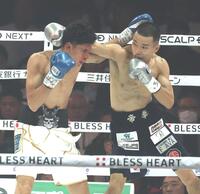 　１回、ホセ・カルデロンと激しく打ち合う増田陸（撮影・金田祐二）