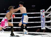 　コーナーポストに掲出された米大リーグ、ブルージェイズの球団名とロゴ