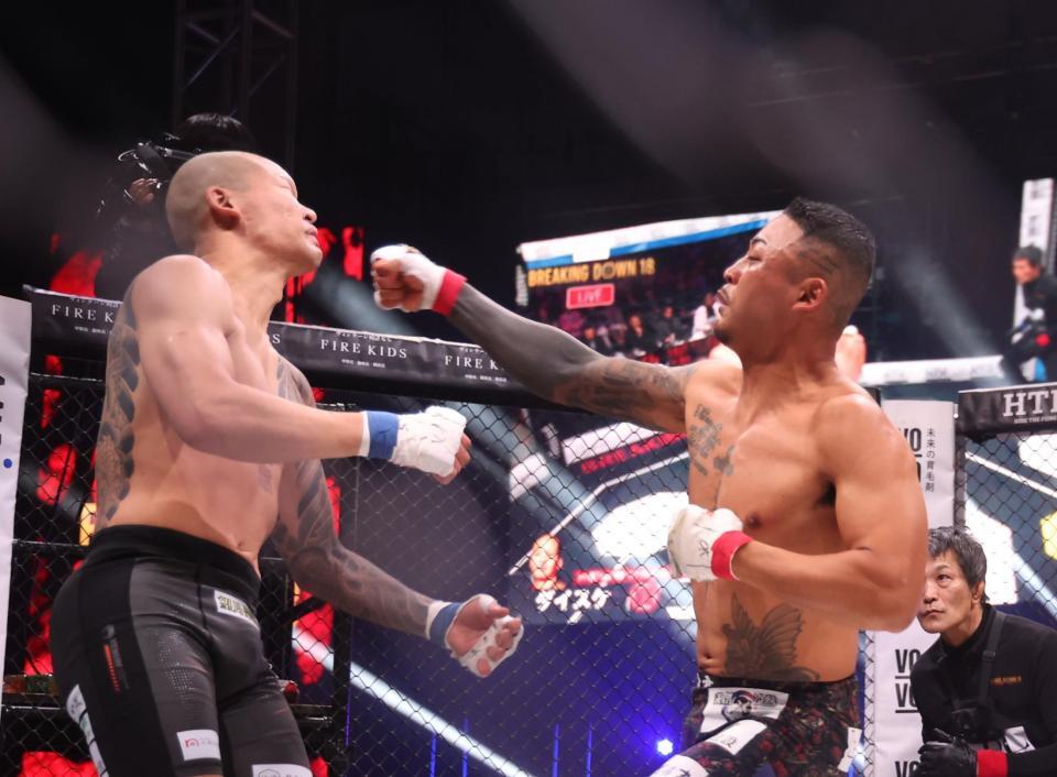 　ダイスケ（左）を攻めるメカ君（撮影・佐々木彰尚）