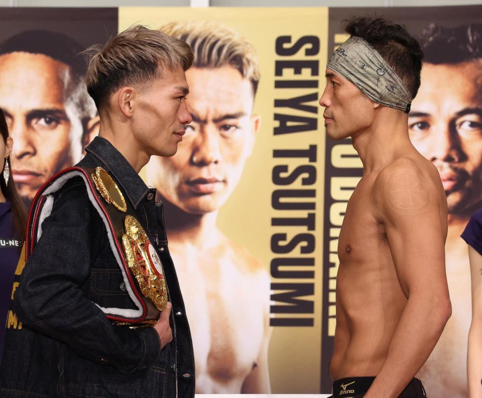 　顔をあわせる堤聖也（左）とノニト・ドネア（撮影・佐々木彰尚）