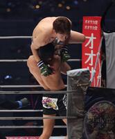 　１回、朝倉未来をマットにたたきつけるラジャブアリ・シェイドゥラエフ（撮影・金田祐二）