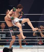 　ラジャブアリ・シェイドゥラエフのパワーに圧倒される朝倉未来（撮影・金田祐二）