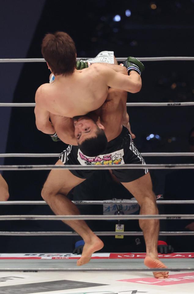 　１回、朝倉未来をマットにたたきつけるラジャブアリ・シェイドゥラエフ（撮影・金田祐二）