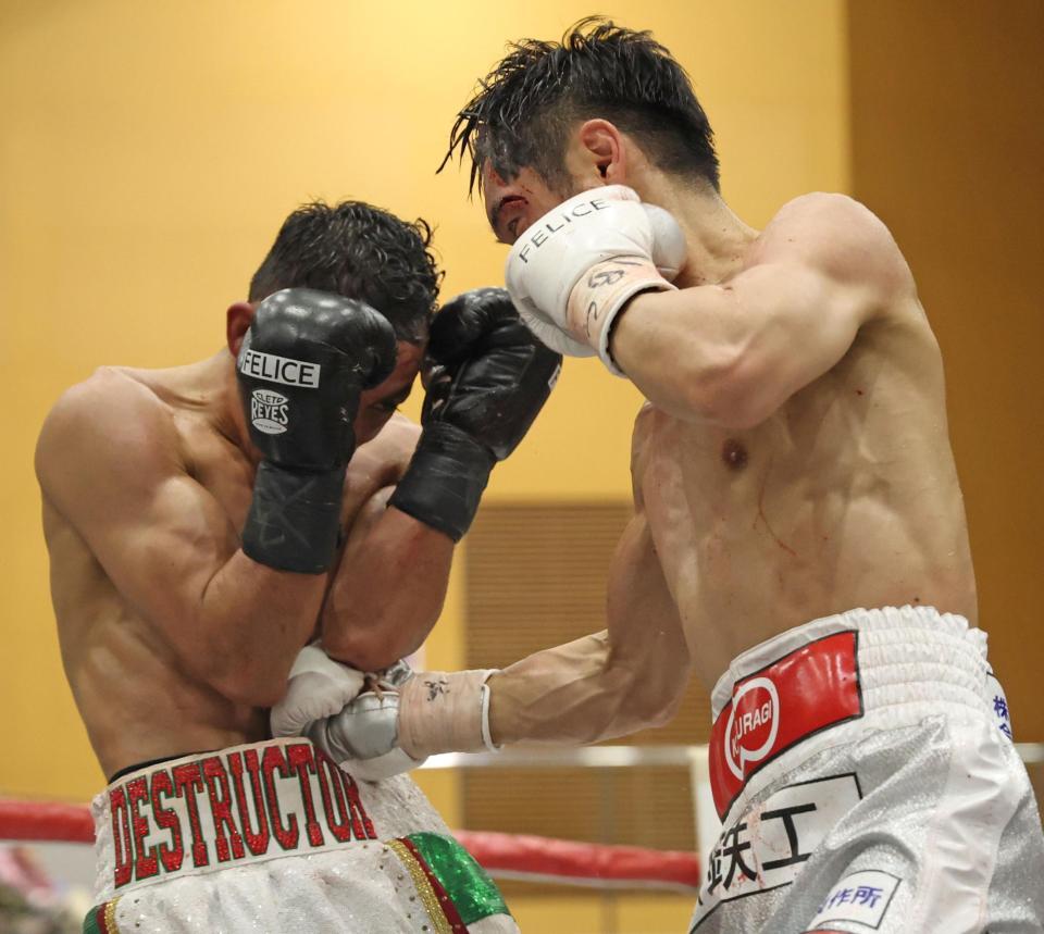 ４Ｒ、ブライアン・メルカド（左）のボディーに打ち込む西田凌佑（撮影・中田匡峻）