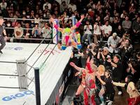 場外のＳａｒｅｅｅ＆彩羽匠に向けて、コーナー最上段からプランチャを放つフワちゃん