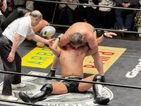 望月成晃にドラゴンスリーパーを仕掛ける藤波辰爾