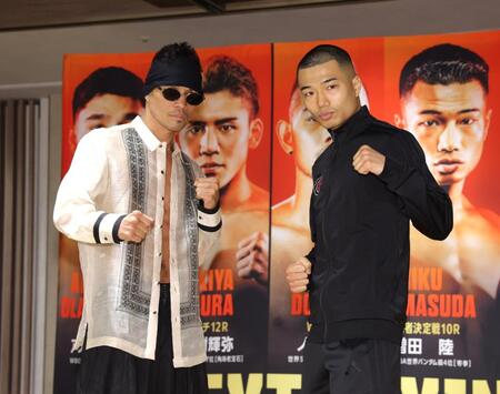 ファイティングポーズを決めるノニト・ドネア（左）と増田陸（撮影・西岡正）