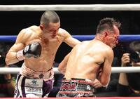 ７回、ノニト・ドネア（右）に左フックを浴びせ、ダウンを奪う増田陸（撮影・西岡正）　