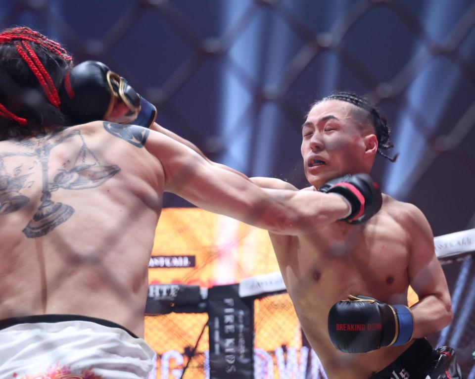 カウアン・オカモトのカウンターをくらうレオ（撮影・佐々木彰尚）