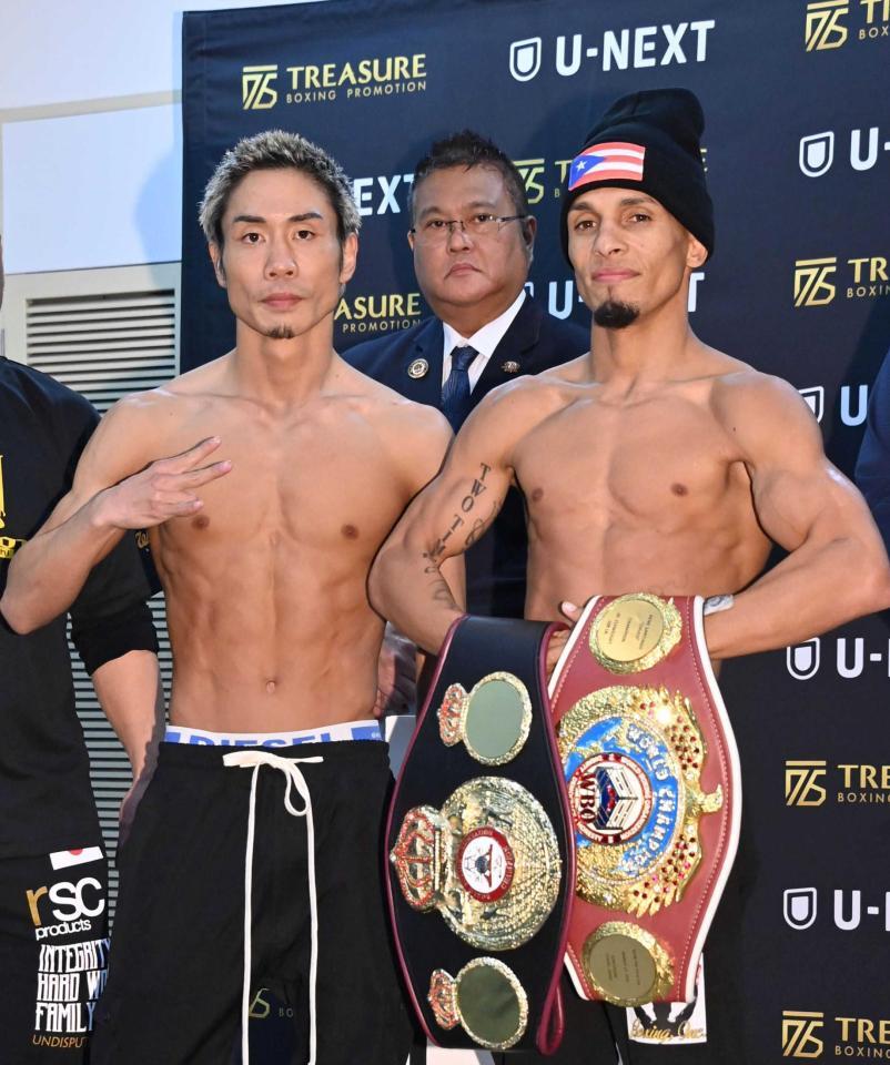 　試合に向け、気合みなぎる谷口将隆（左）とチャンピオンのレネ・サンティアゴ（撮影・持木克友）