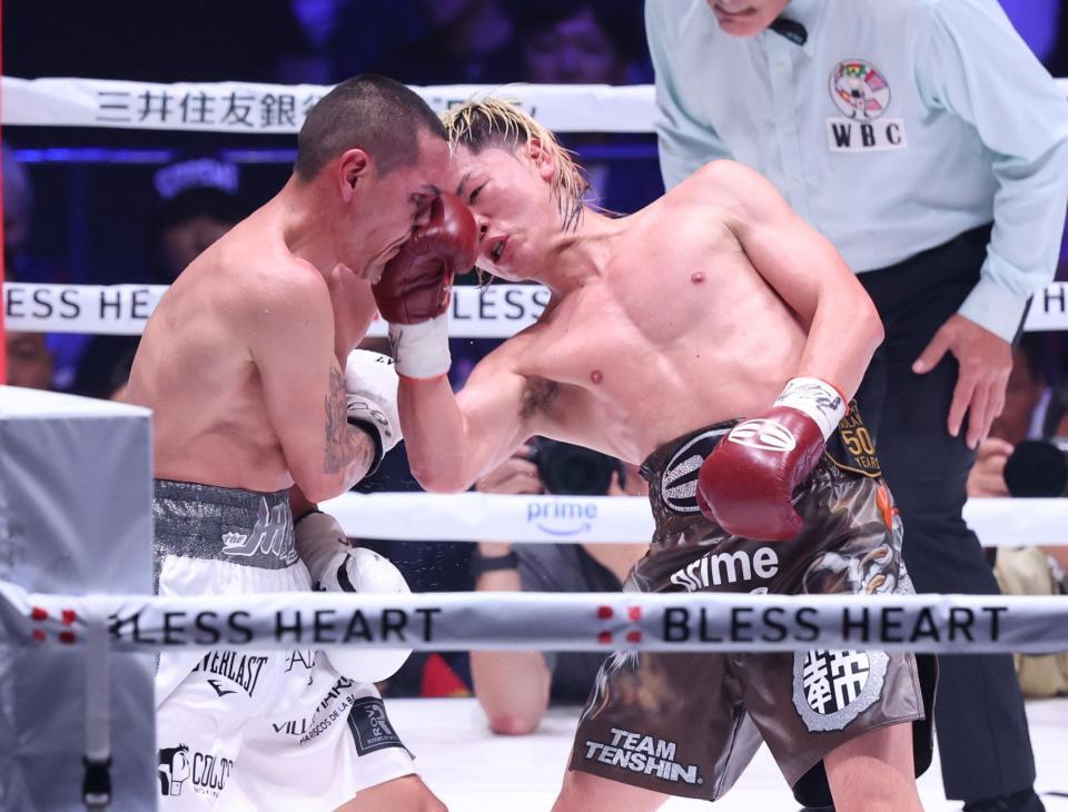 ８回、ファン・フランシスコ・エストラダに右アッパーをきめる那須川天心（撮影・金田祐二）