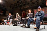 トークショーをする左から前田日明、初代タイガーマスク、藤波辰爾、藤原喜明
