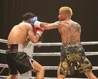 ３回、ルイス・ネリ（左）からダウンを奪い、ＴＫＯ勝ちとしたカシメロ（撮影・坂部計介）