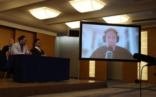 リモートで出席し意気込みを述べるＫＯＮＯＳＵＫＥ　ＴＡＫＥＳＨＩＴＡ（撮影・金田祐二）