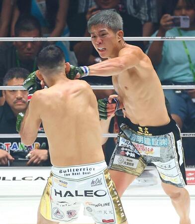 ２回、クレベル・コイケを攻める秋元強真（奥）＝撮影・石井剣太郎