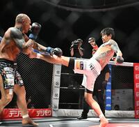 ＯＧＪ（左）を攻める啓之輔（撮影・堀内翔）