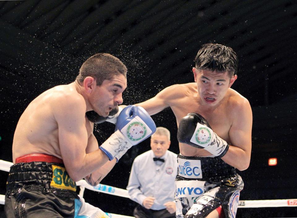 　５回、井岡一翔（右）はロベルト・ドミンゴ・ソーサの顔面にパンチを決める（撮影・保田叔久）