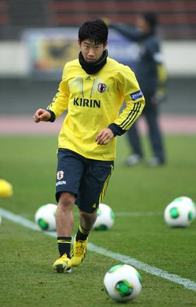 　ラトビア戦に向けて練習する香川真司（撮影・岡田育磨）