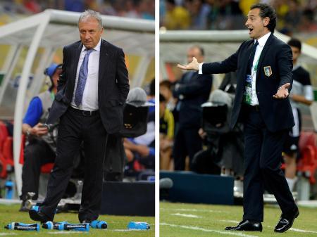 　ザッケローニ日本代表監督（左）とプランデリ・イタリア代表監督（いずれもゲッティ＝共同）