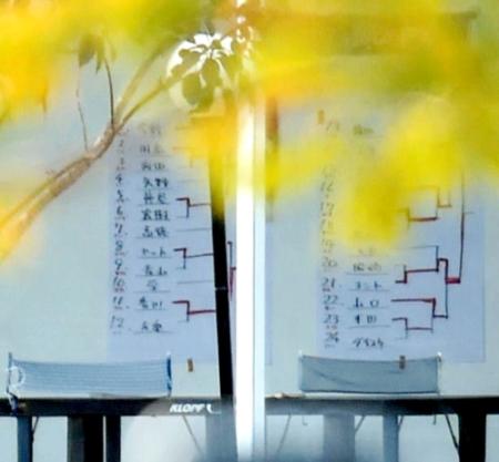 　宿舎内の卓球台の奥には、選手の名前が書かれたトーナメント表が張られていた