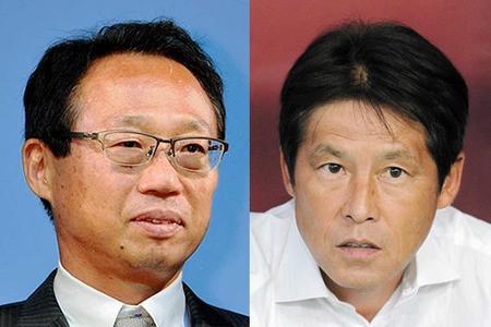 　日本サッカー協会の副会長になる岡田武史氏（左）と技術委員長就任が決まった西野朗氏