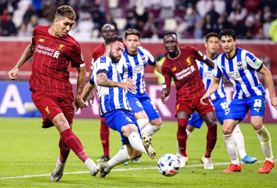 　モンテレイ戦でゴールを決めるリバプールのフィルミノ（左端）（ゲッティ＝共同）