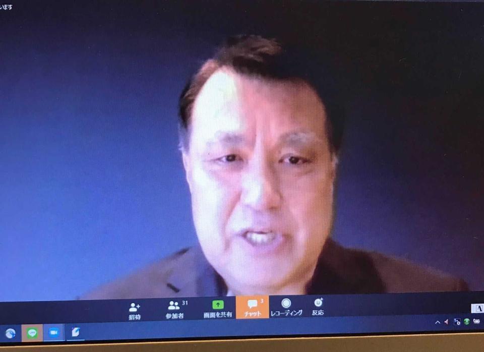 　新型コロナウイルスの治療を終えて退院し、ＷＥＢ会見した田嶋会長