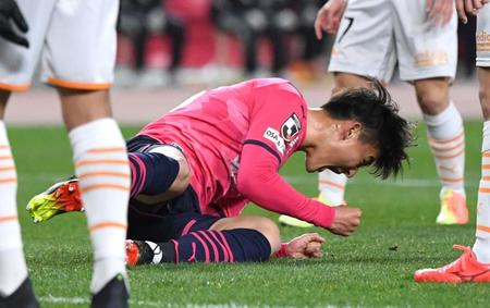 　前半、同点ゴールを決め、ほえるＣ大阪・西尾隆矢（撮影・北村雅宏）