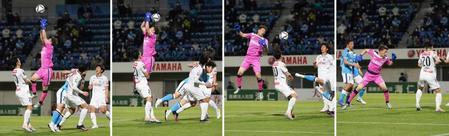 　試合終了間際、磐田のＧＫ三浦がハイボールをキャッチミスし、川崎・知念（２０）が同点ゴールを押し込んだ（左から右へ）＝ヤマハ