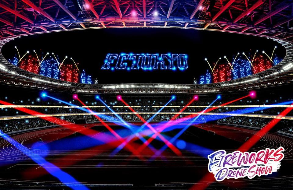 　ＦＣ東京が５月１２日の川崎戦（国立）で実施するドローンを使った「ＦＩＲＥＷＯＲＫＳ　ＤＲＯＮＥ　ＳＨＯＷ」のイメージ画（ⓒＦ．Ｃ．ＴＯＫＹＯ）