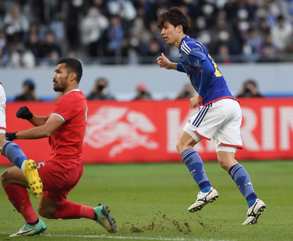 　後半、先制ゴールを決めた田中碧（撮影・棚橋慶太）
