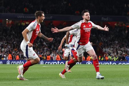 　レアル・マドリード戦でゴールを決めて喜ぶアーセナルのライス（右）＝ロンドン（ゲッティ＝共同）