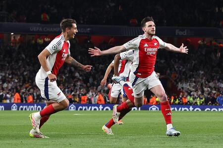 　レアル・マドリード戦でゴールを決めて喜ぶアーセナルのライス（右）＝ゲッティ＝共同