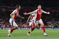 　レアル・マドリード戦でゴールを決めて喜ぶアーセナルのライス（右）＝ゲッティ＝共同