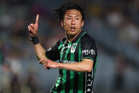 　試合でゴールを喜ぶウエスタン・ユナイテッドの檀崎竜孔容疑者＝２月２８日、オーストラリア東部ゴスフォード（ゲッティ＝共同）