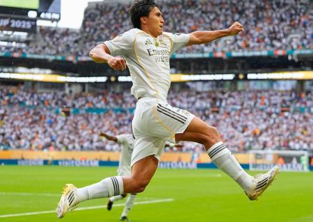 　ユベントス戦の後半、決勝ゴールを決め、跳び上がって喜ぶレアル・マドリードのＧ・ガルシア＝マイアミ（共同）