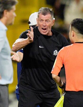 　後半、アピールする広島・スキッベ監督