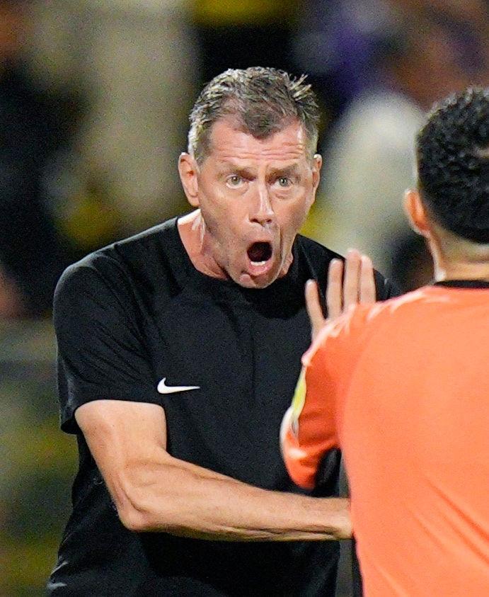 　後半、アピールする広島・スキッベ監督