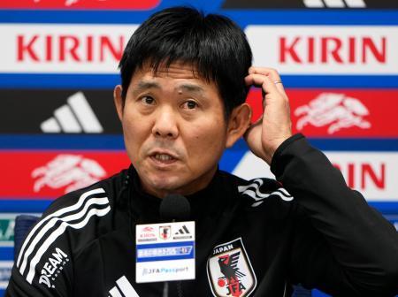 　パラグアイ戦を前に記者会見する森保監督＝９日、パナソニックスタジアム吹田